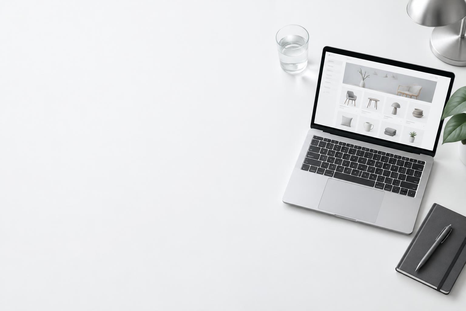 A bright workspace with a laptop showing an online store